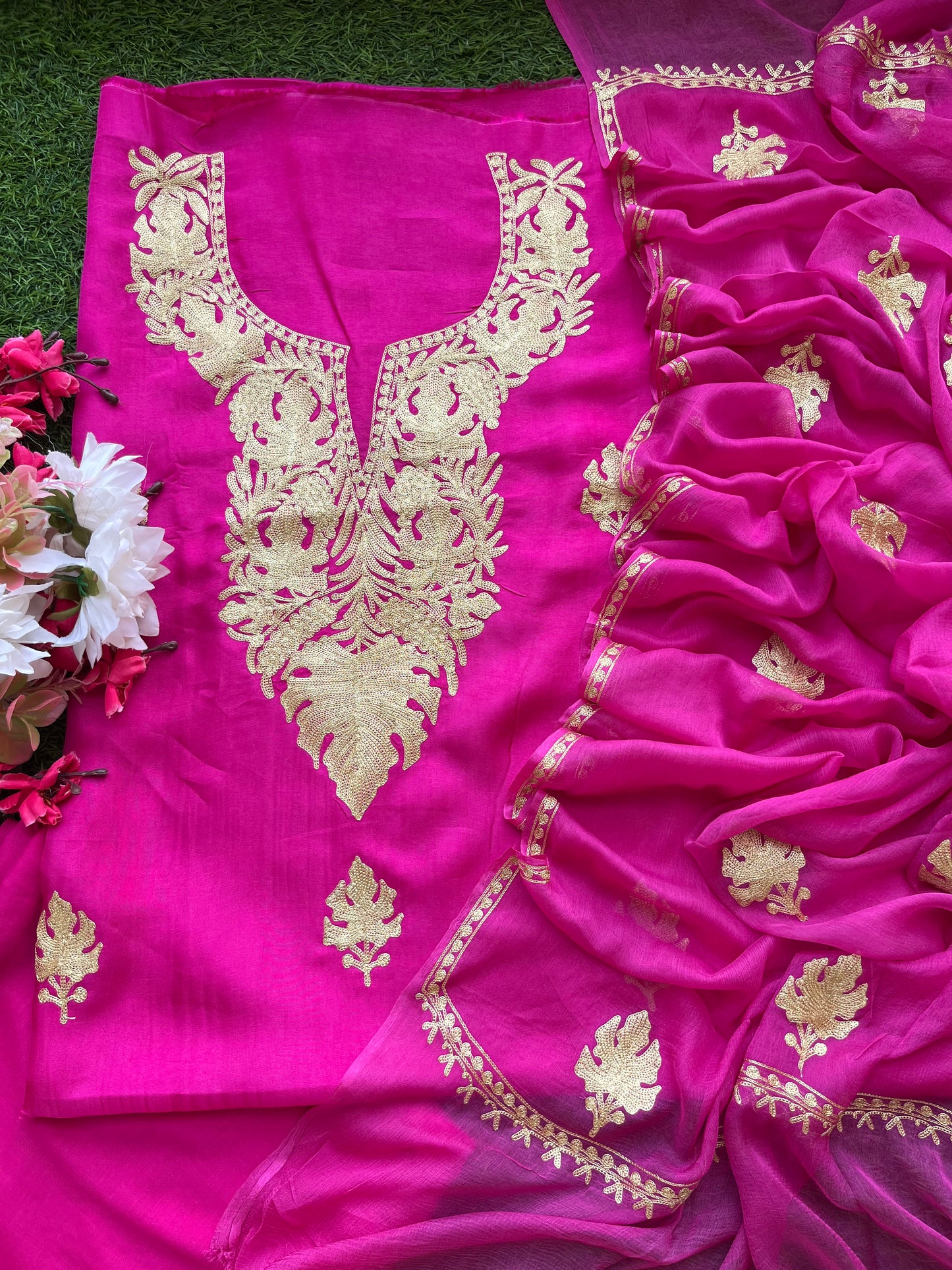 Hot Pink Silk Tilla Kashmiri Suit