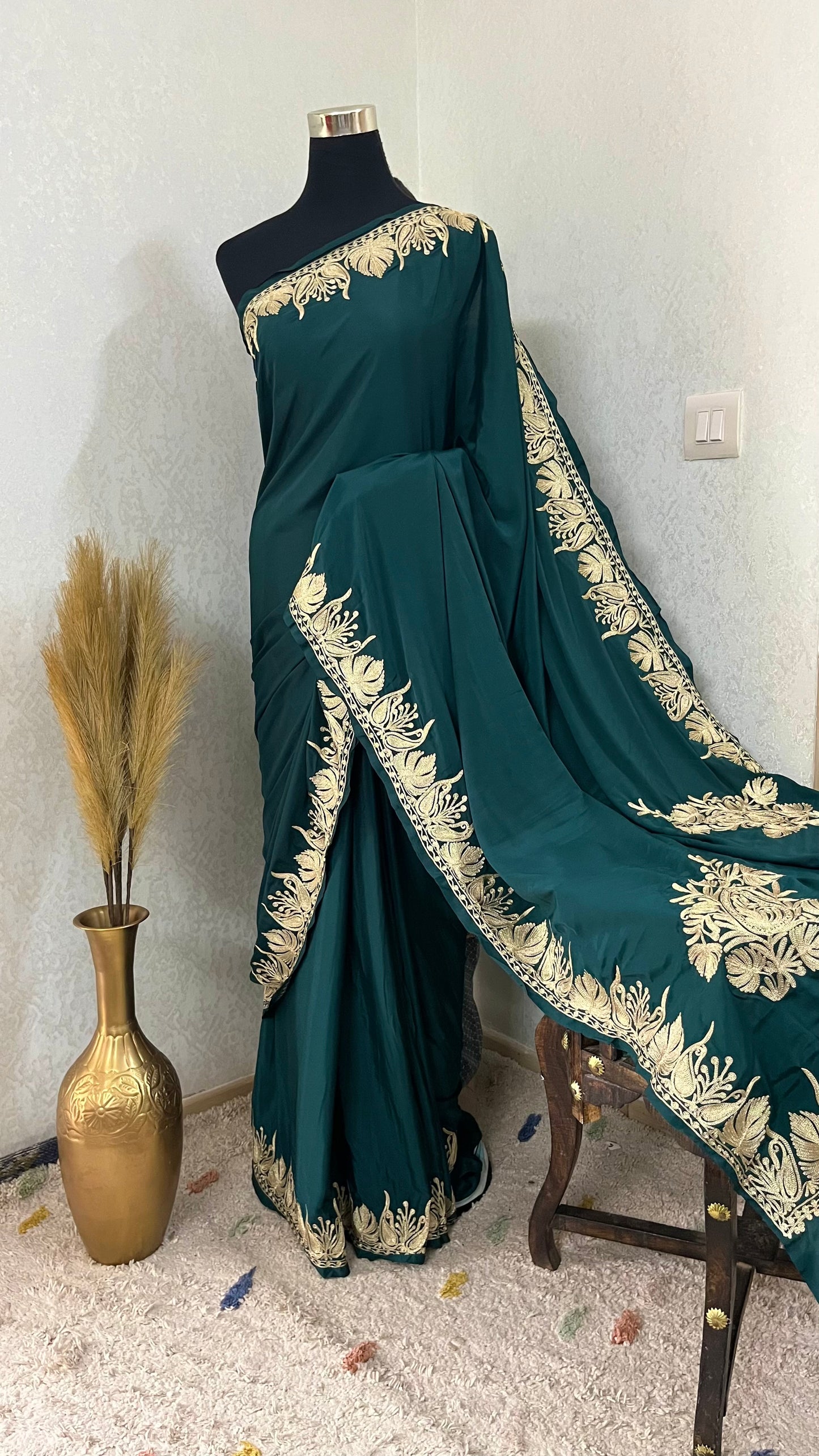 Green Crape Kashmiri Tilla Saree