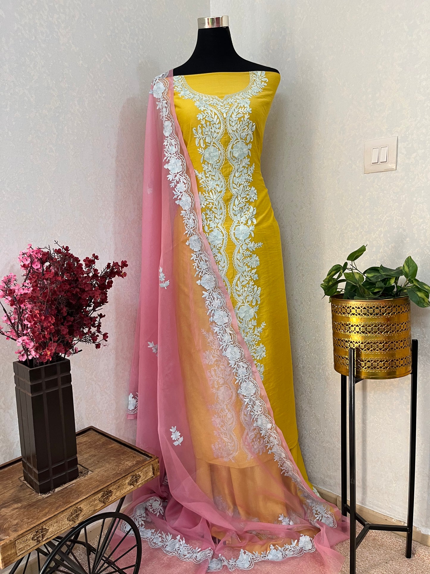 Golden Yellow Chanderi Silk Kashmiri Suit