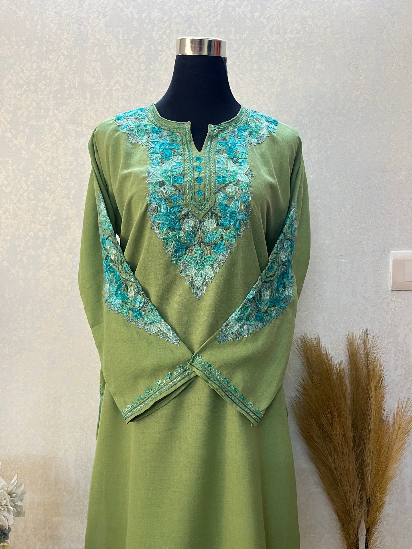 Green Cotton Aari Work Kurta