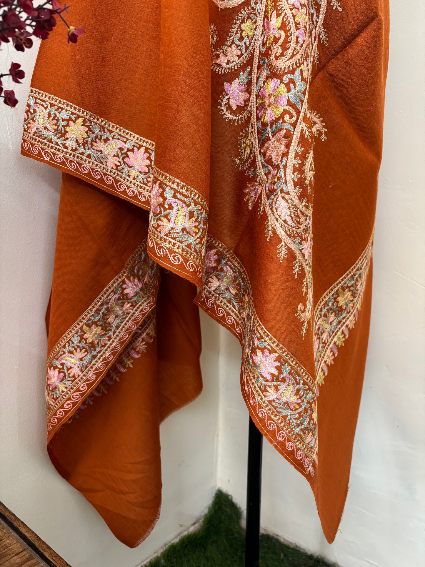 Orange Silk Thread Ambi Aangan Embroidered Fine Semi Pashmina stole