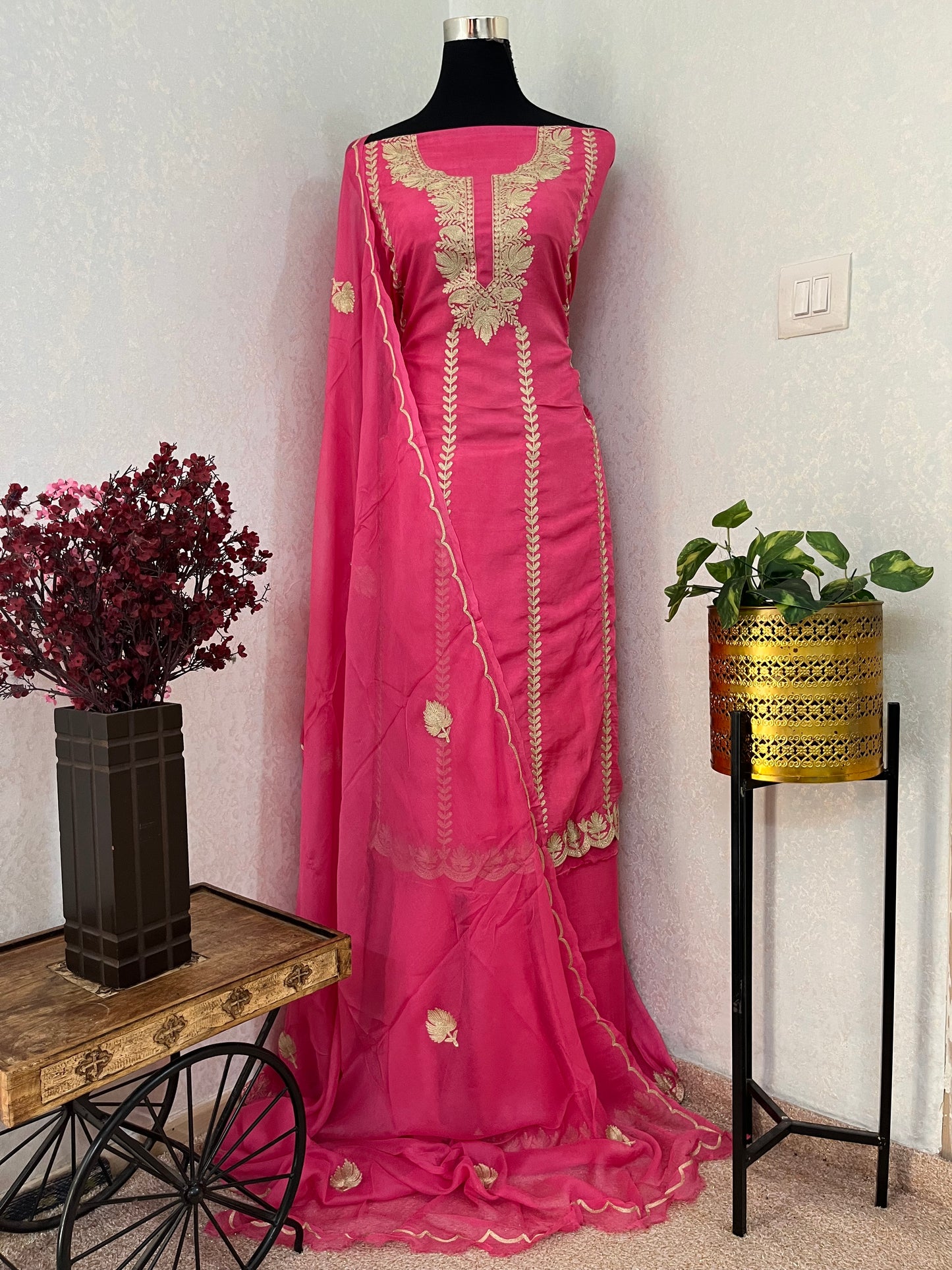 Rose Pink Sanam’ Silk Tilla Kashmiri Suit