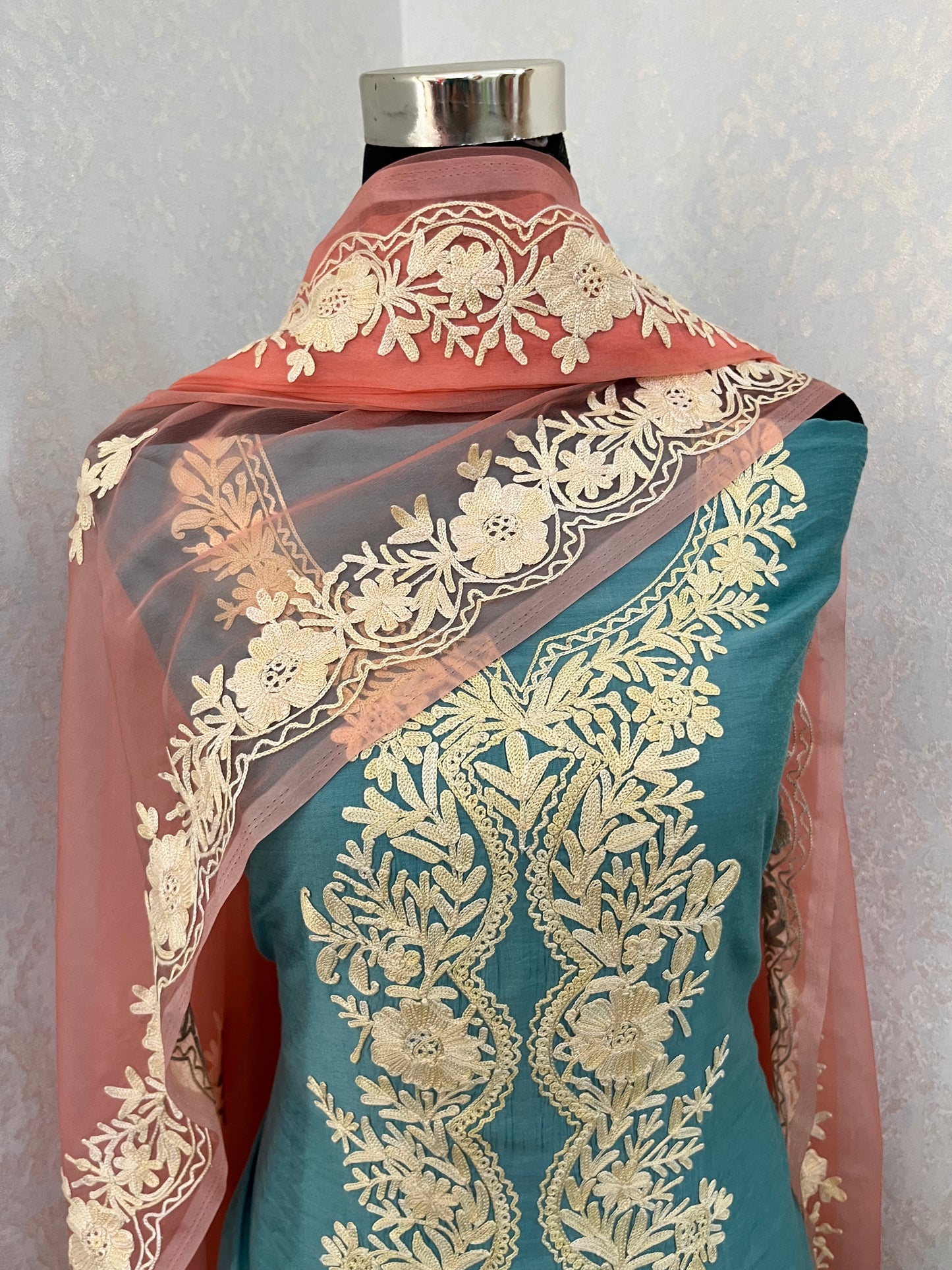 Soft Blue Chanderi Silk Kashmiri Suit
