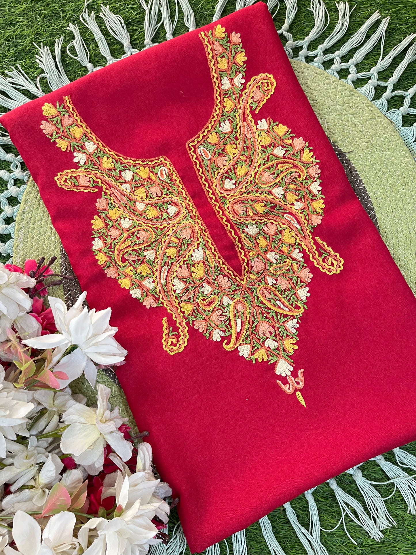 Red Cotton Two Piece Suit (Hand Embroidered)