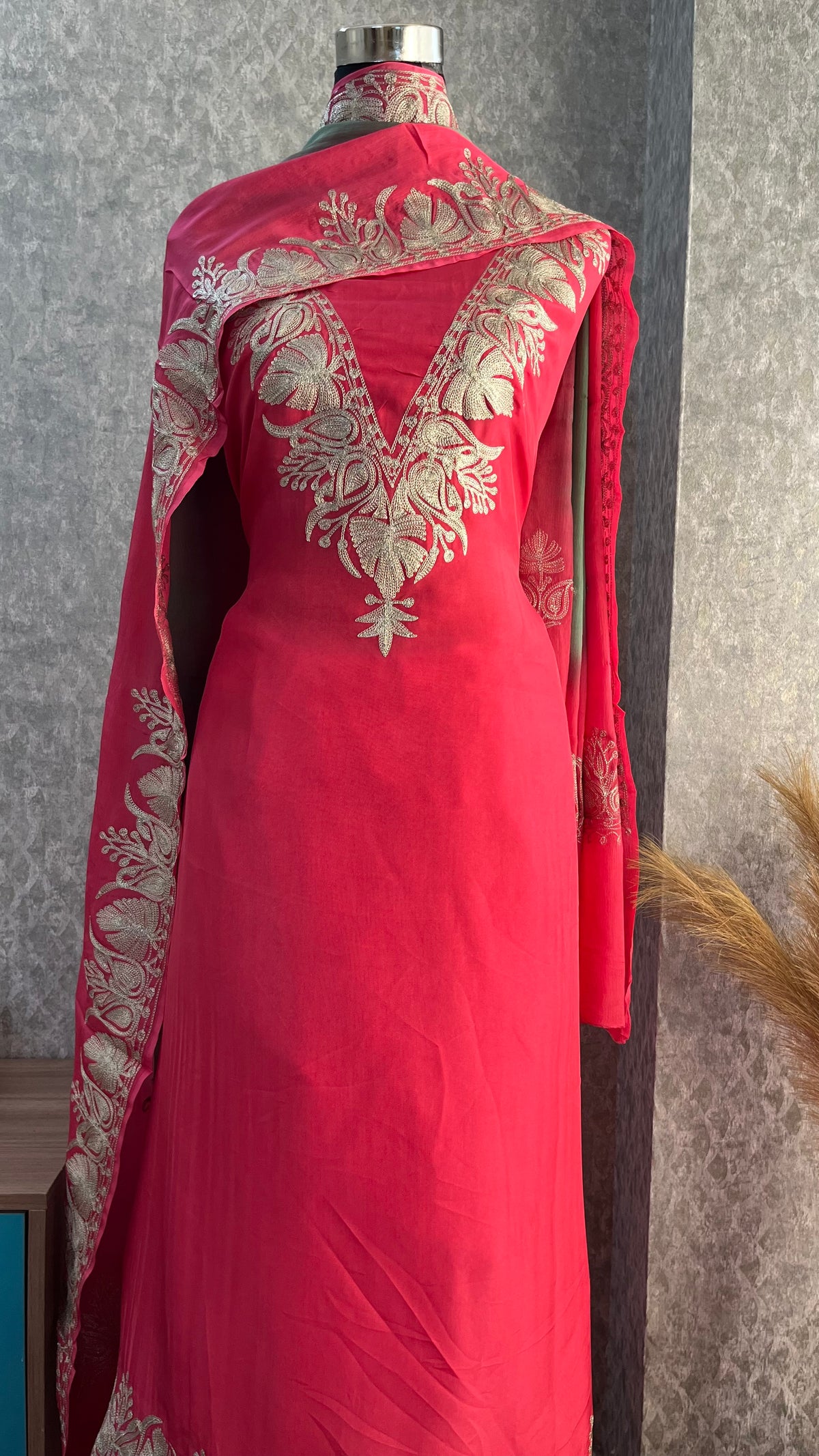 Carrot Pink Sanam Silk Kashmiri Suit