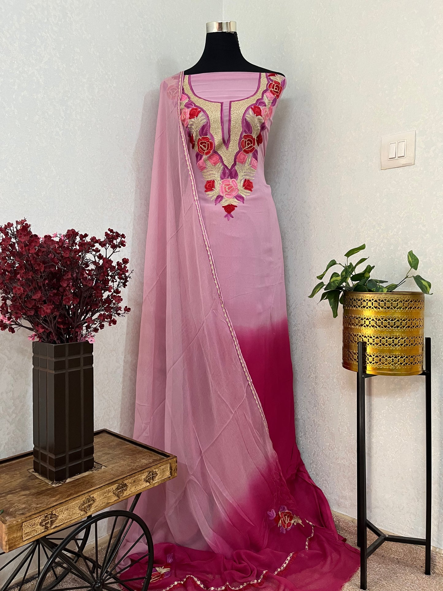 Baby Pink Pure Georgette Double Shade Kashmiri Suit