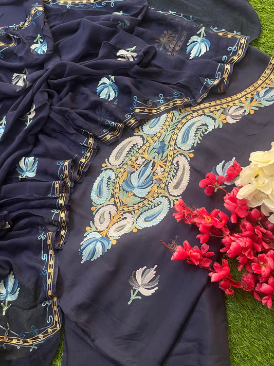 Blue Muslin Cotton Aari Embroidered 3pc set