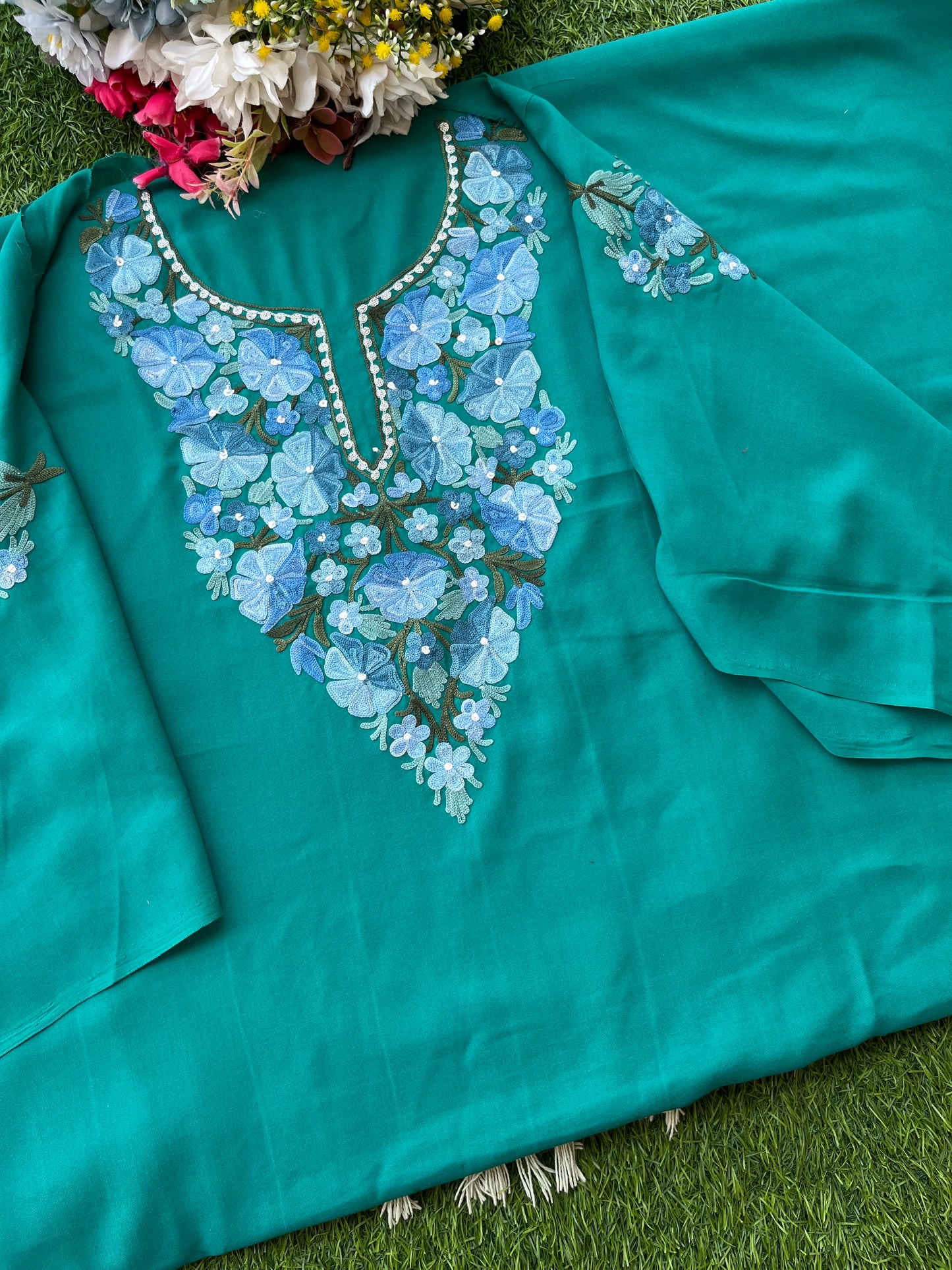 Green Aari Embroidered Cotton Suit Set