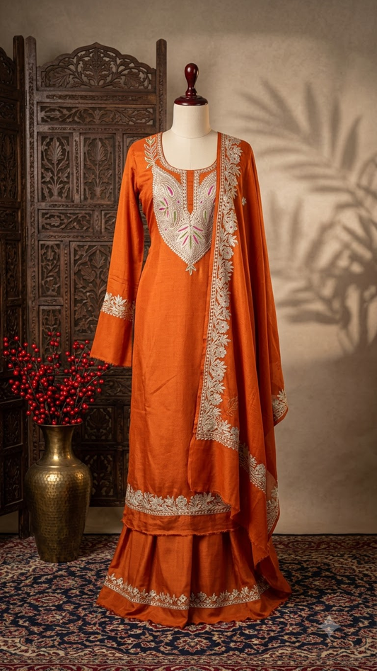 Dull Orange Opada Silk Kashmiri Suits
