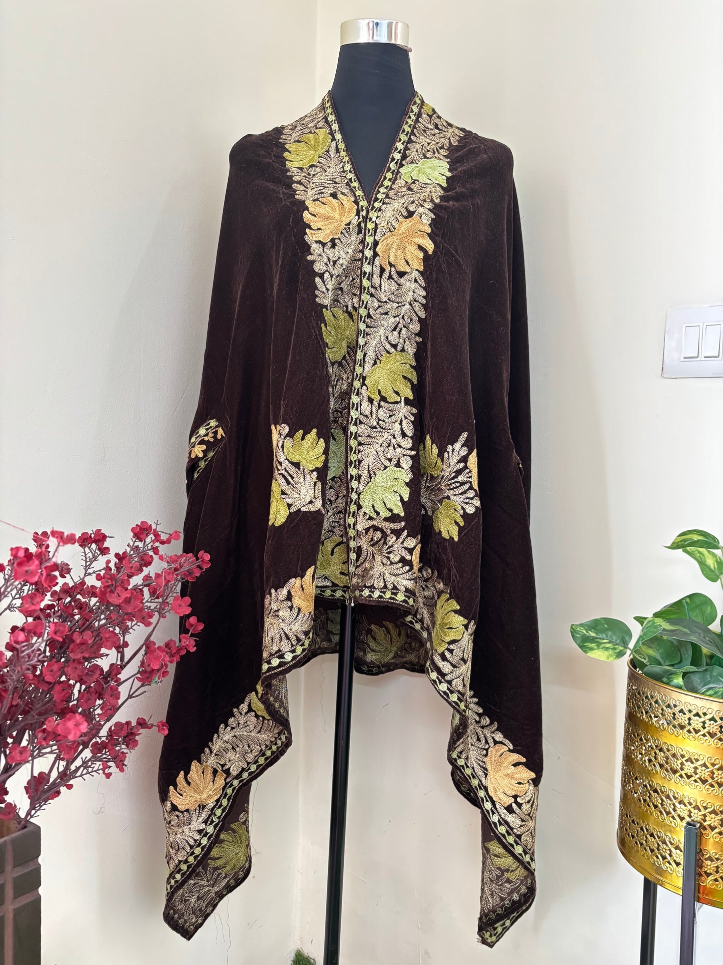 Brown Aari Embroidered Velvet Cape