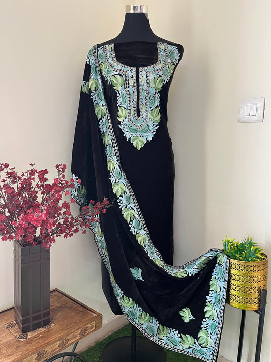 Black Aari Embroidered Velvet 2pc Suit Material