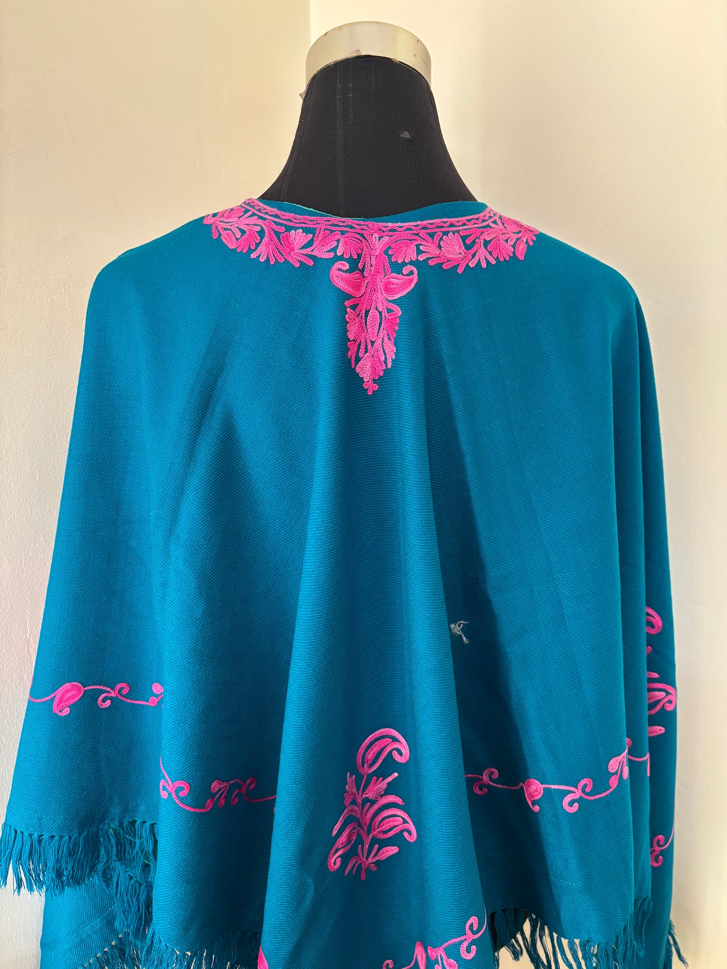 Firozi Aari Embroidered Wool Poncho