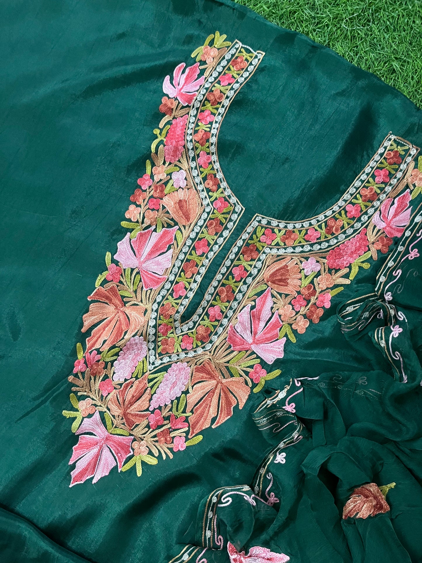 Bottle Green Opada Silk Aari Embroidered Suit material