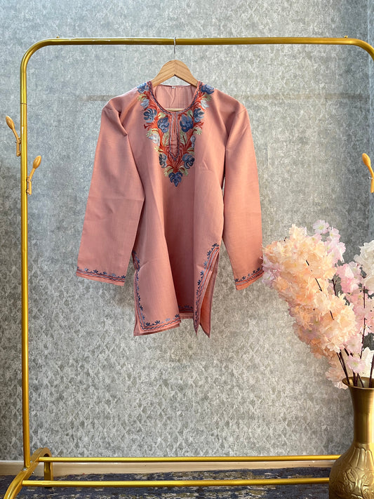 Soft Pink Cotton Aari Work Kurta