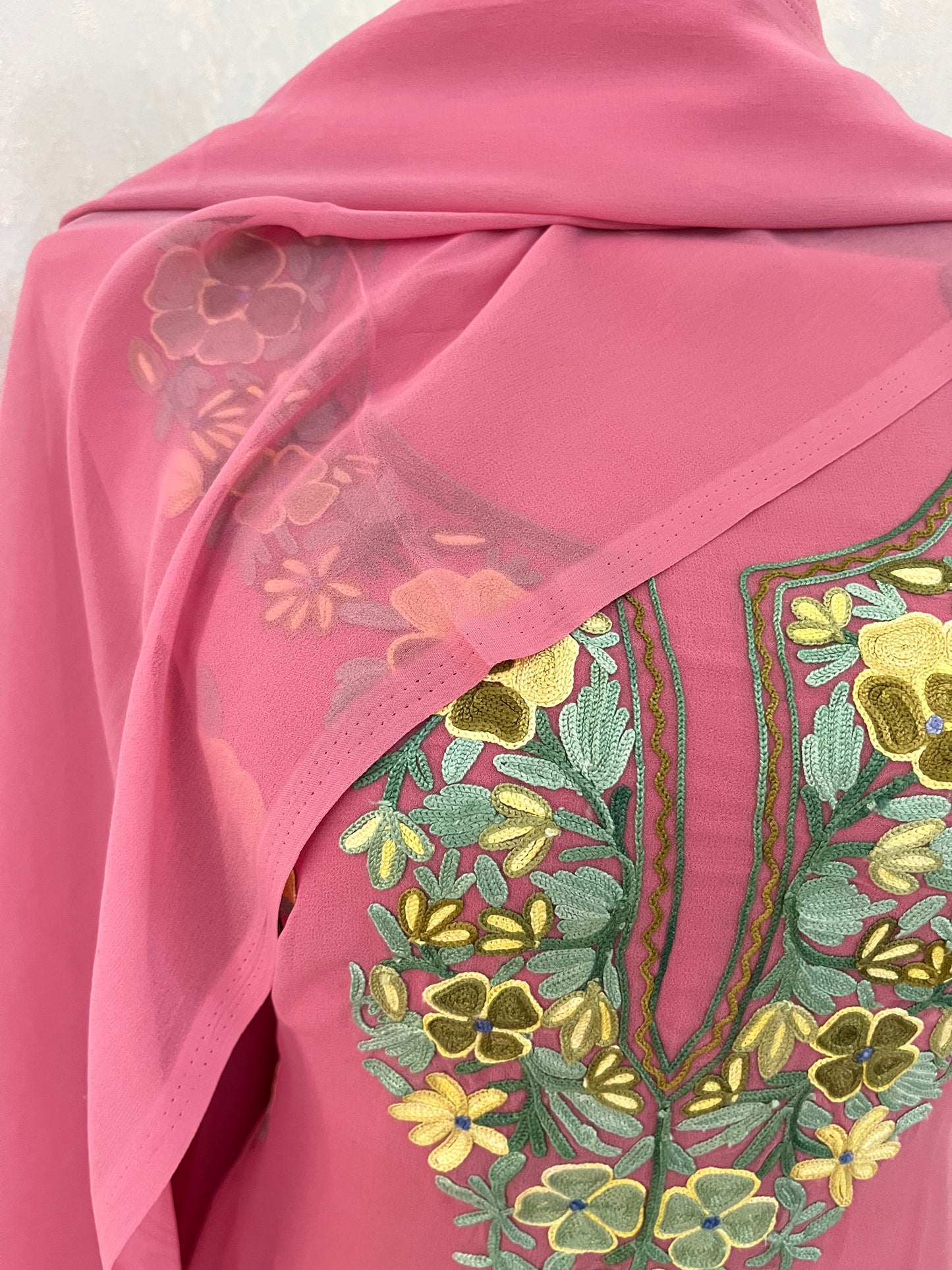 Onion Pink Georgette 3 Pc Aari Embroidered Suit