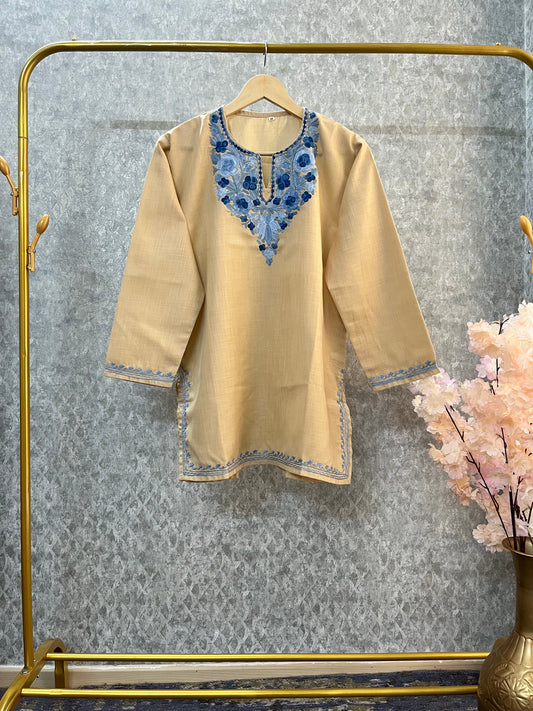 Beige Cotton Aari Work Kurta