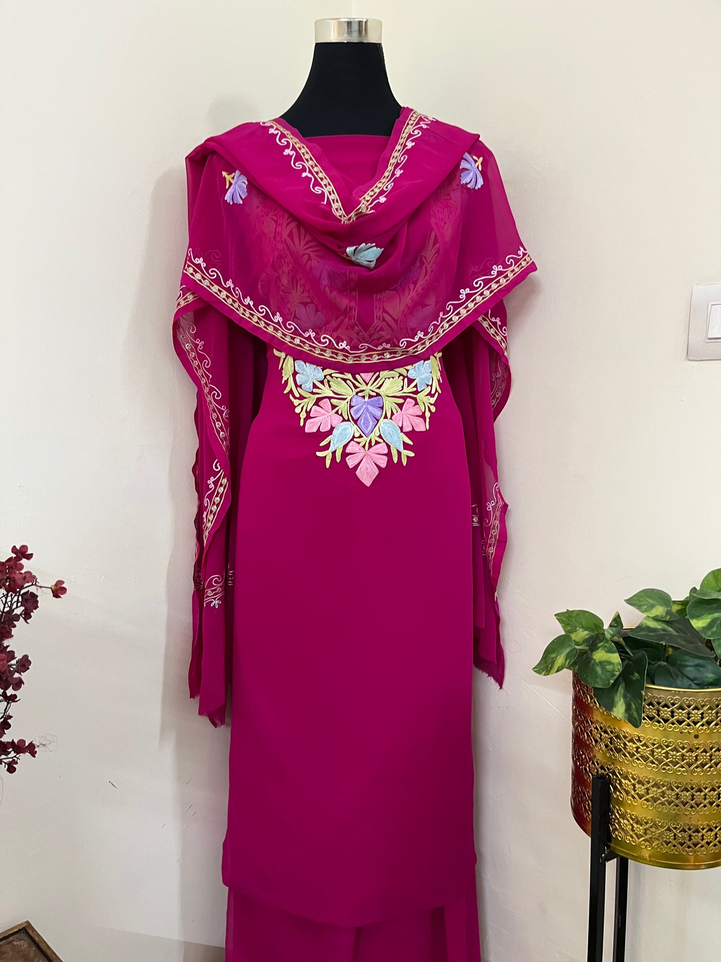 Hot Pink Georgette 3 Pc Aari Embroidered Suit Set