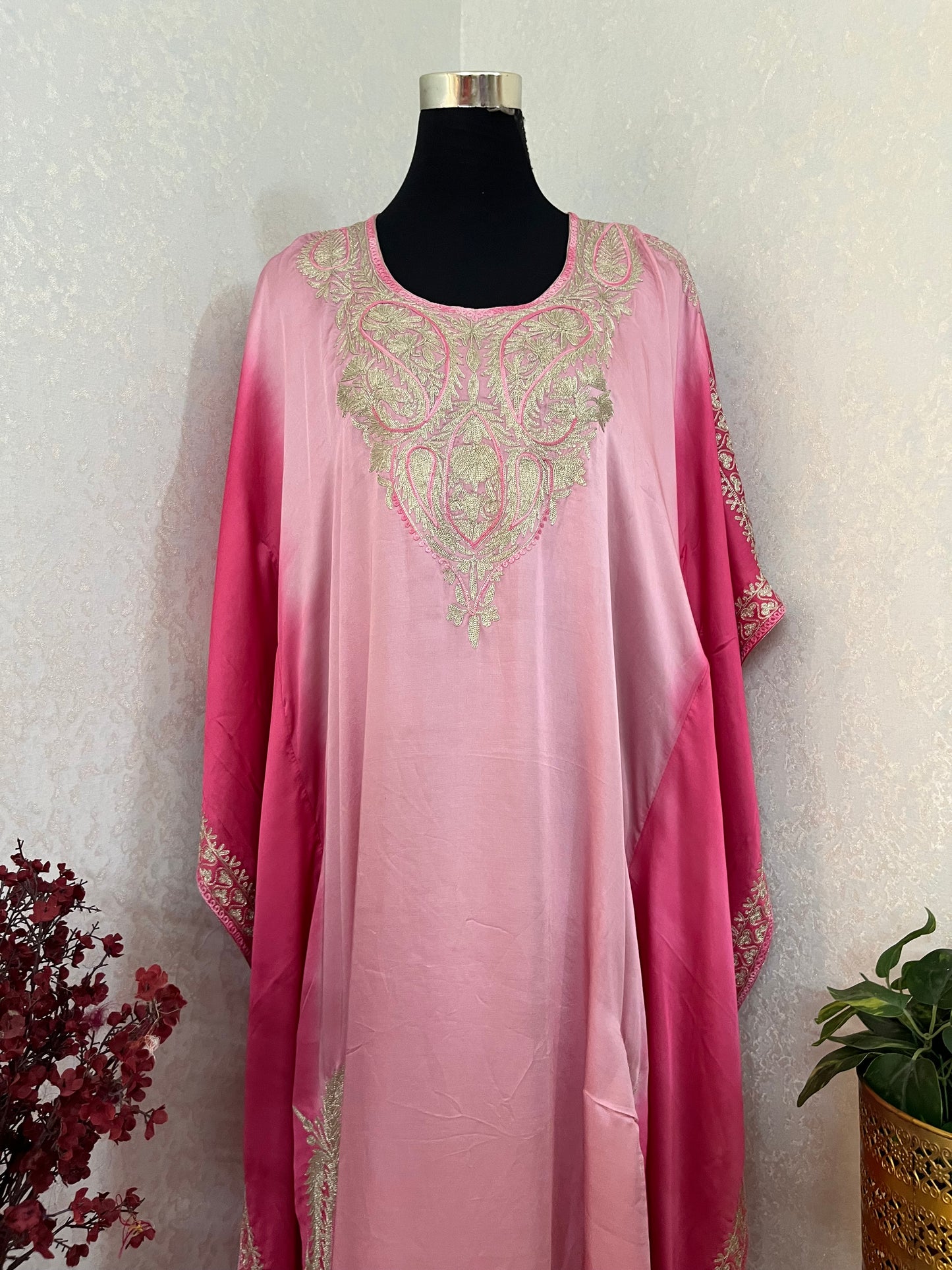 Pink Pure Crape Kashmiri Kaftan