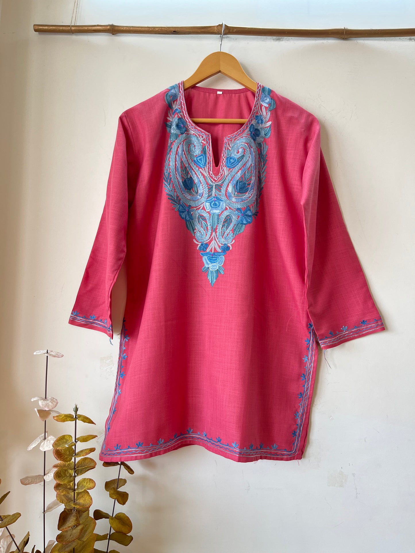 Pink Cotton Aari Work Kurta