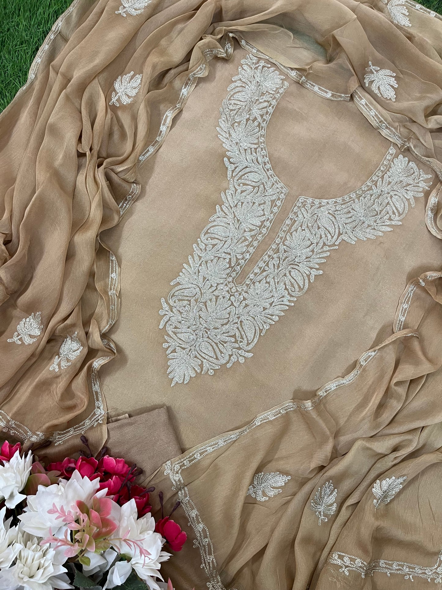Sanam’ Golden Beige Silk Tilla Kashmiri Suit