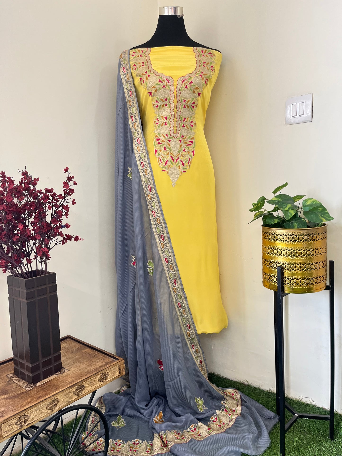 ‘Kalaa’ Lemon Yellow Crape Kashmiri Suit