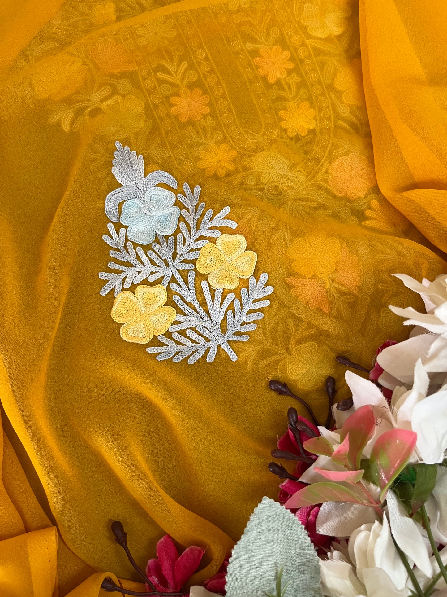 Mustard Georgette 3 Pc Aari Embroidered Suit Set
