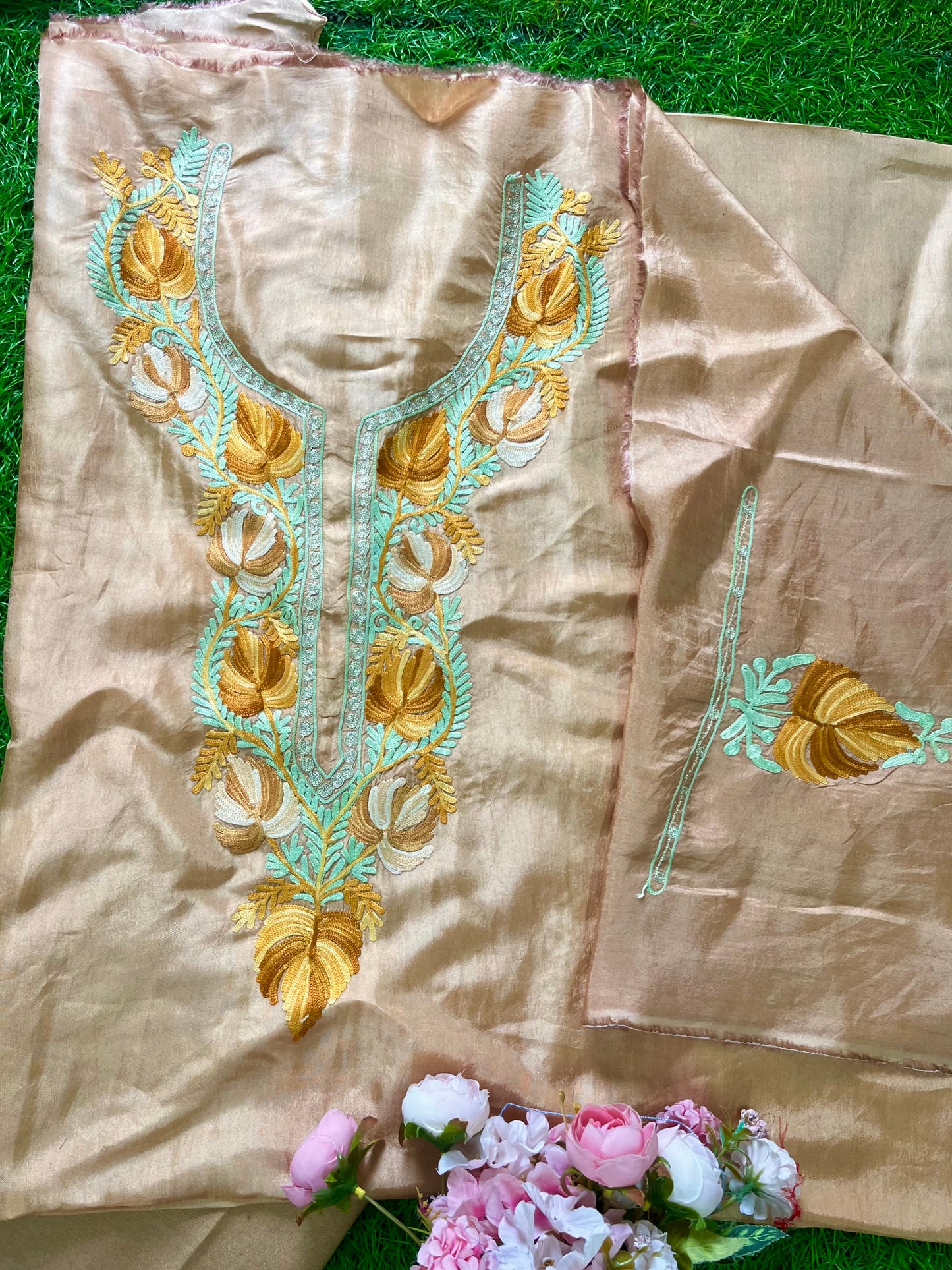 Tea Brown  Opada Silk Aari Embroidered Suit material