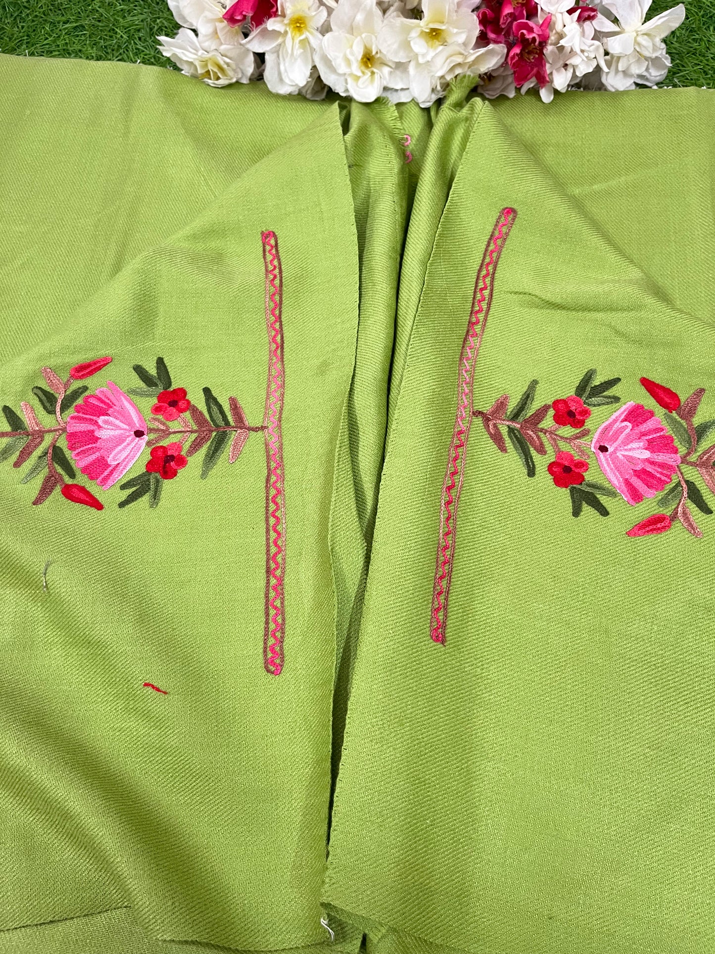 Pista Green Woollen Aari Embroidered 2pc suit 5mtr