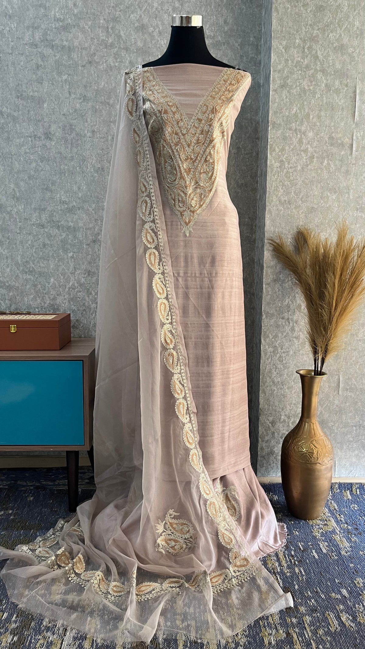 Beige Silk Kashmiri Suit