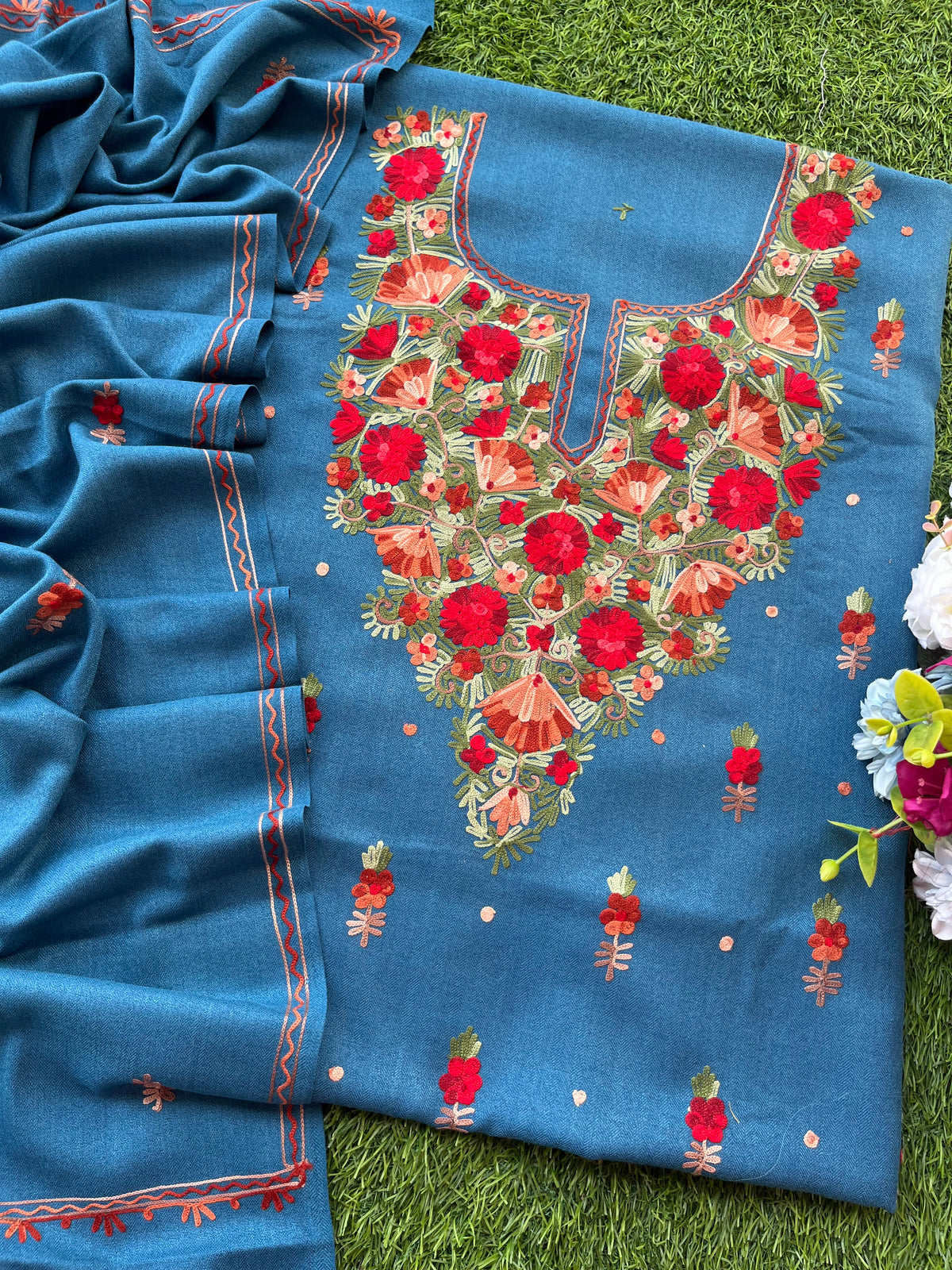 Peacock Blue Woollen Aari Embroidered 3pc suit