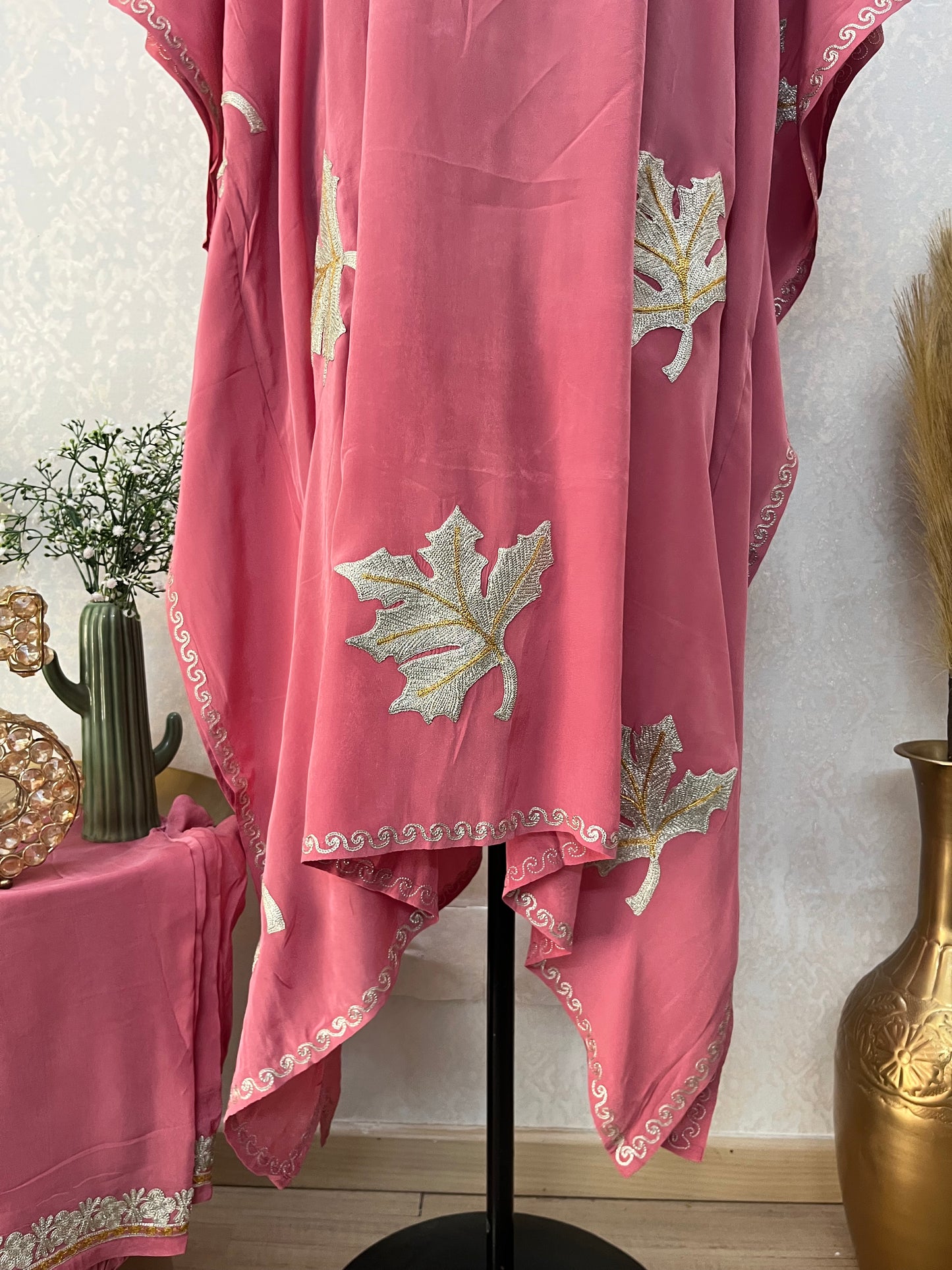 Onion Pink Crape Kashmiri Kaftan Set