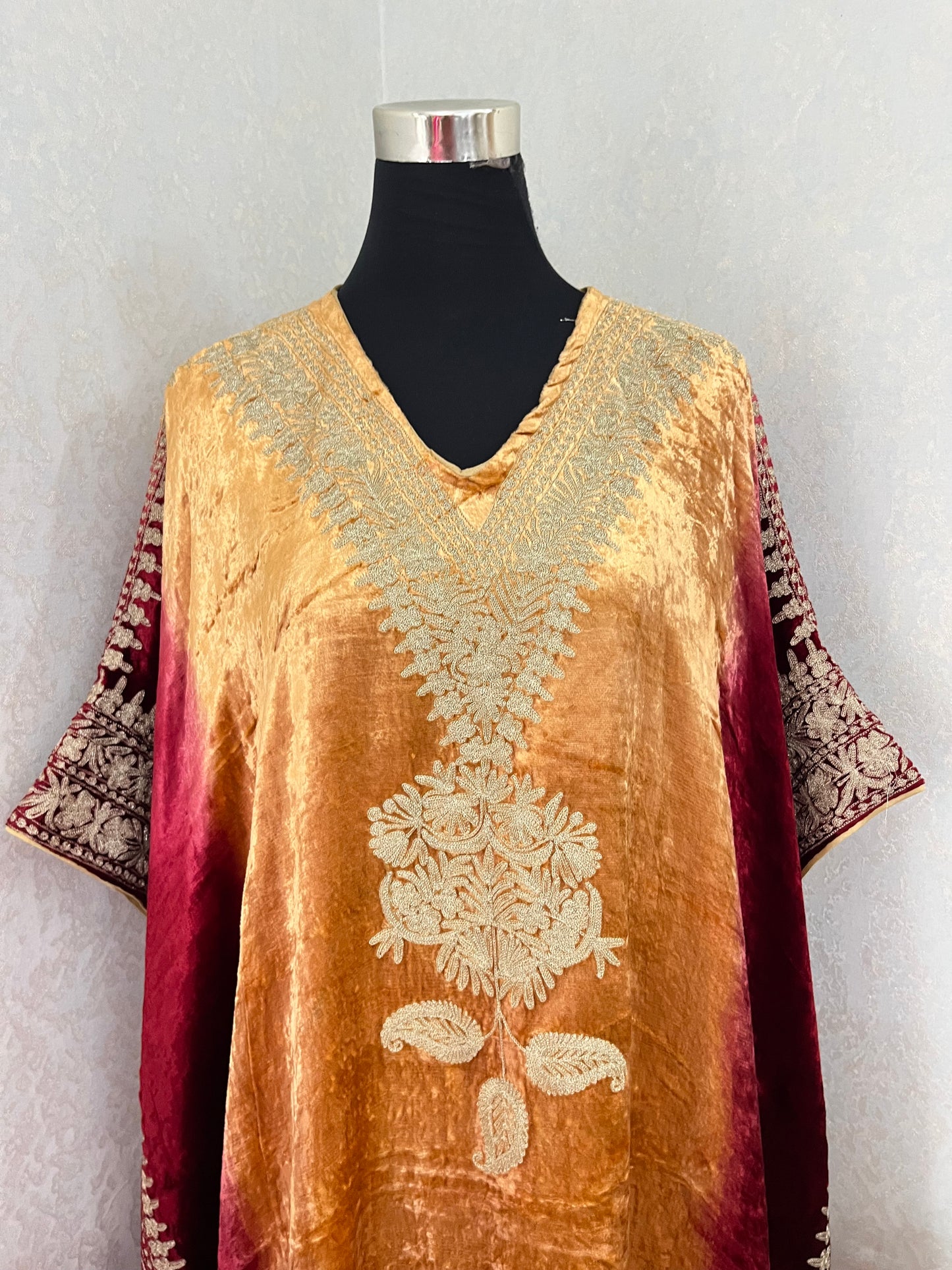 Gold Tilla Embroidered Pure Makhmal Kashmiri Kaftan Set