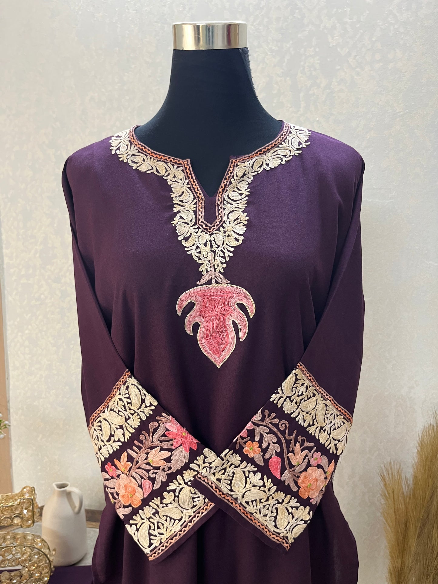 Wine Cotton Embroidered Co-ord Set(38)