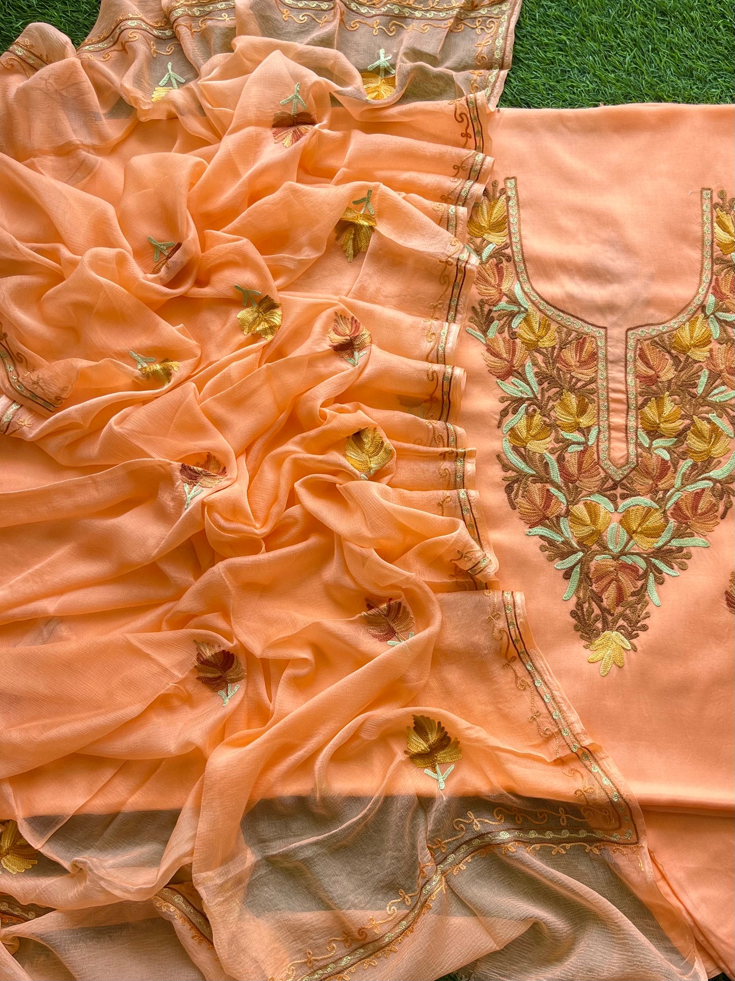 Peach Muslin Cotton Aari Embroidered 3pc set