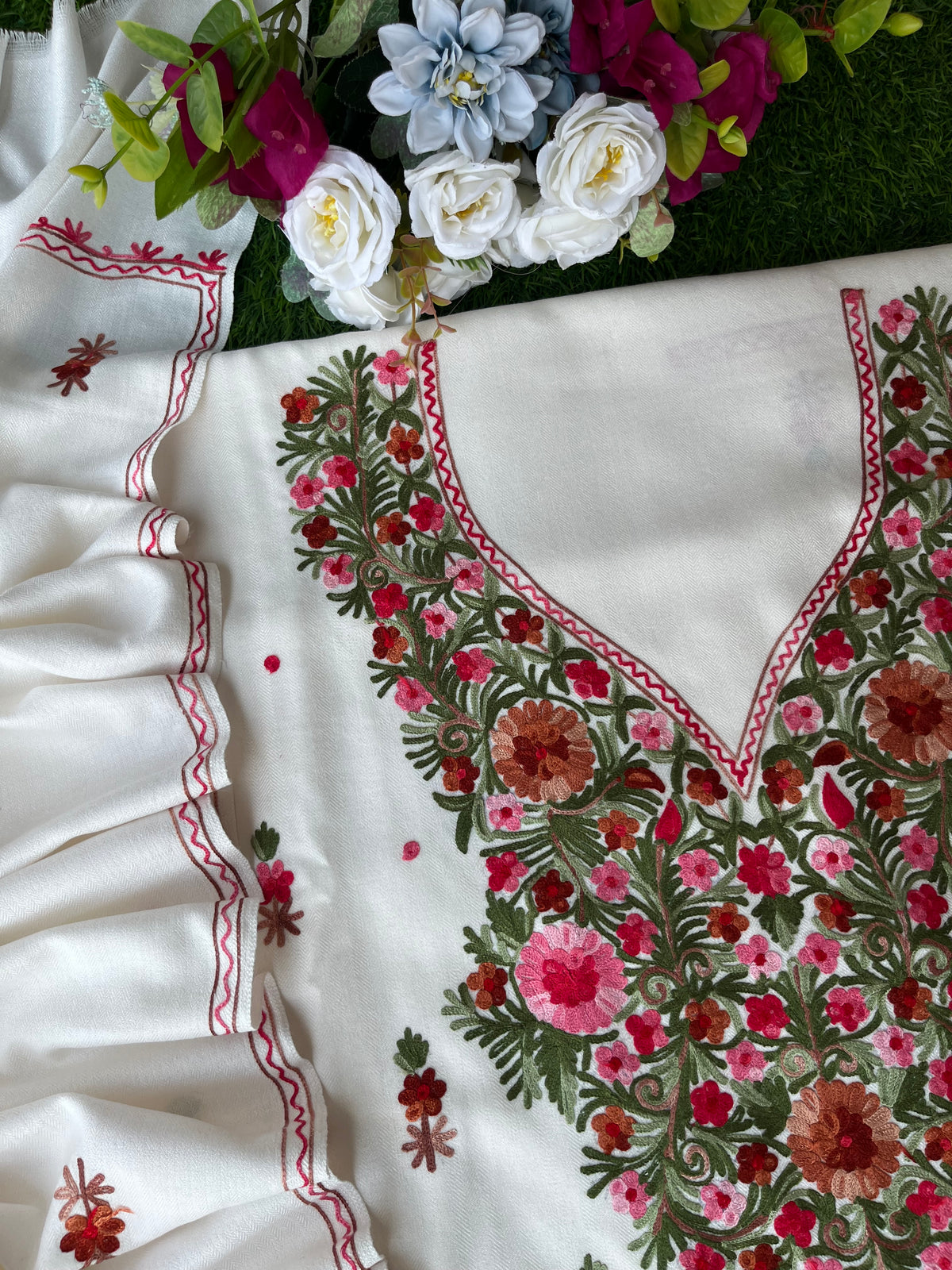 Off White Woollen Aari Embroidered 3pc suit