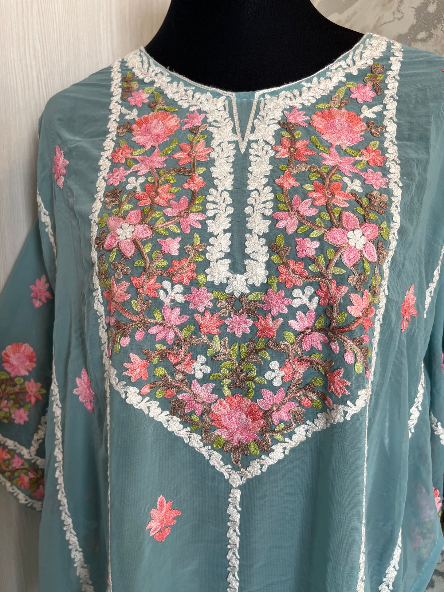 Sea Blue Georgette All over Work Aari Embroidered Unstitched Kurta Material