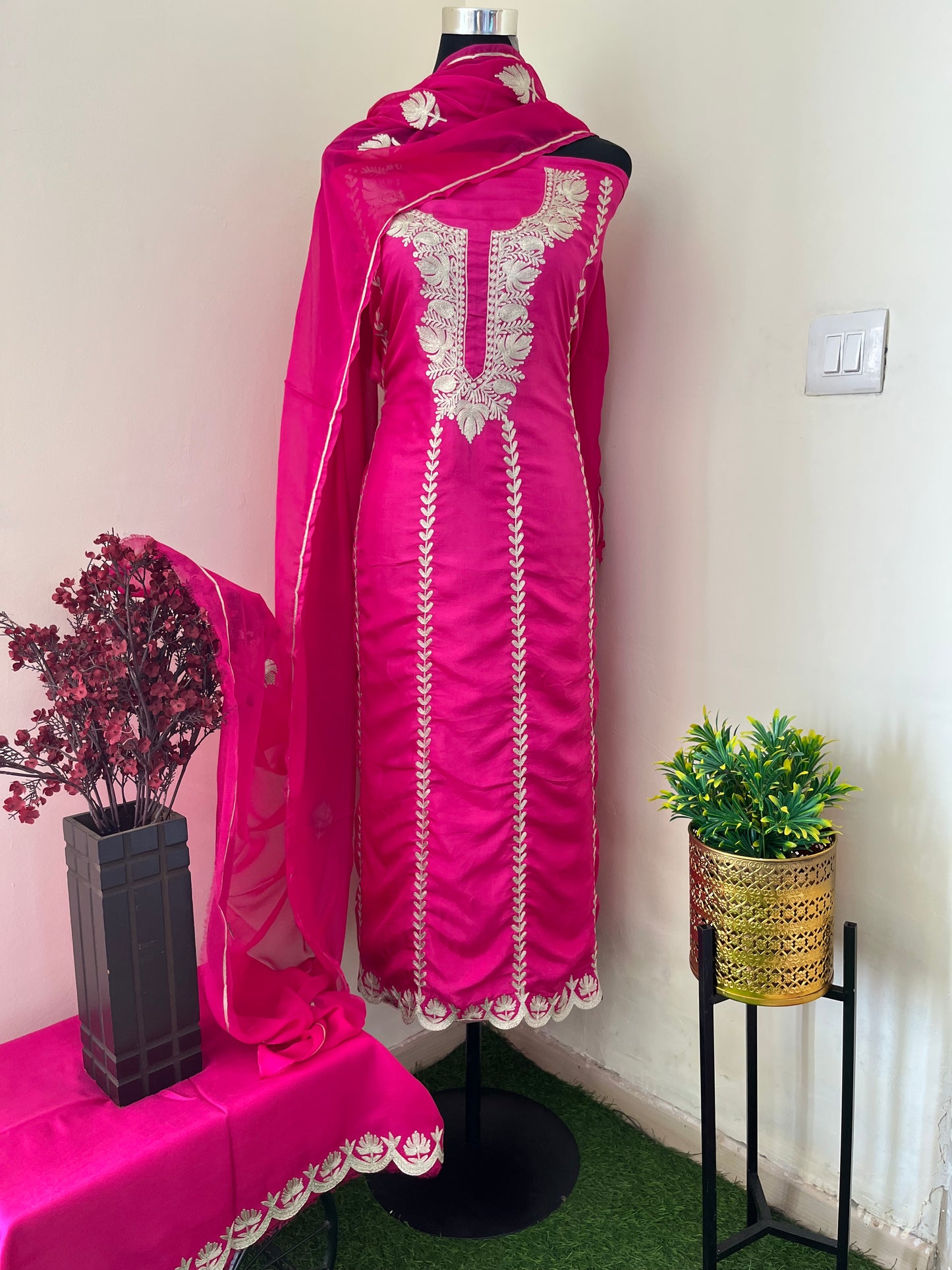 Sanam’ Hot Pink Silk Tilla Embroidered Suit material