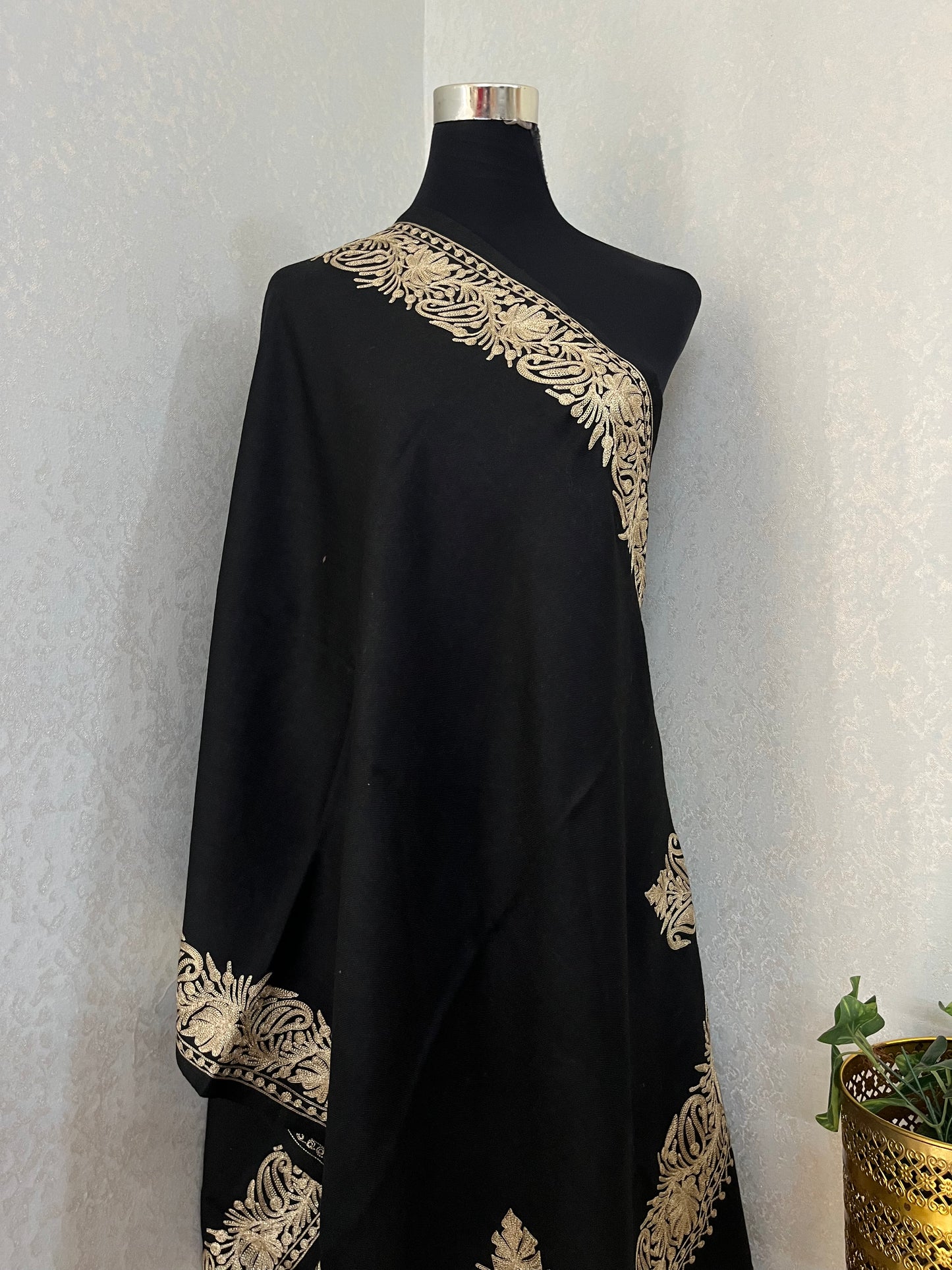 Black Semi Pashmina Tilla Embroidered stole