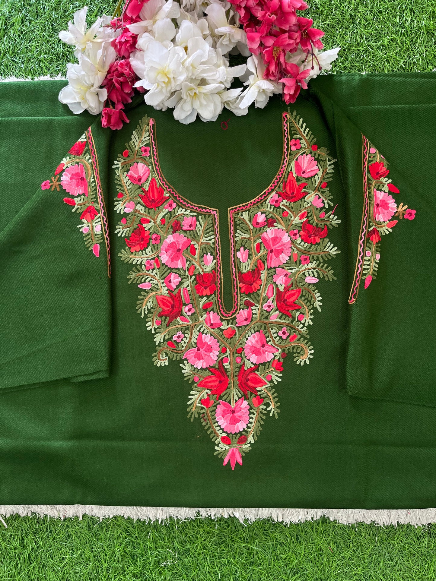 Henna Green Woollen Aari Embroidered 2pc suit 5mtr