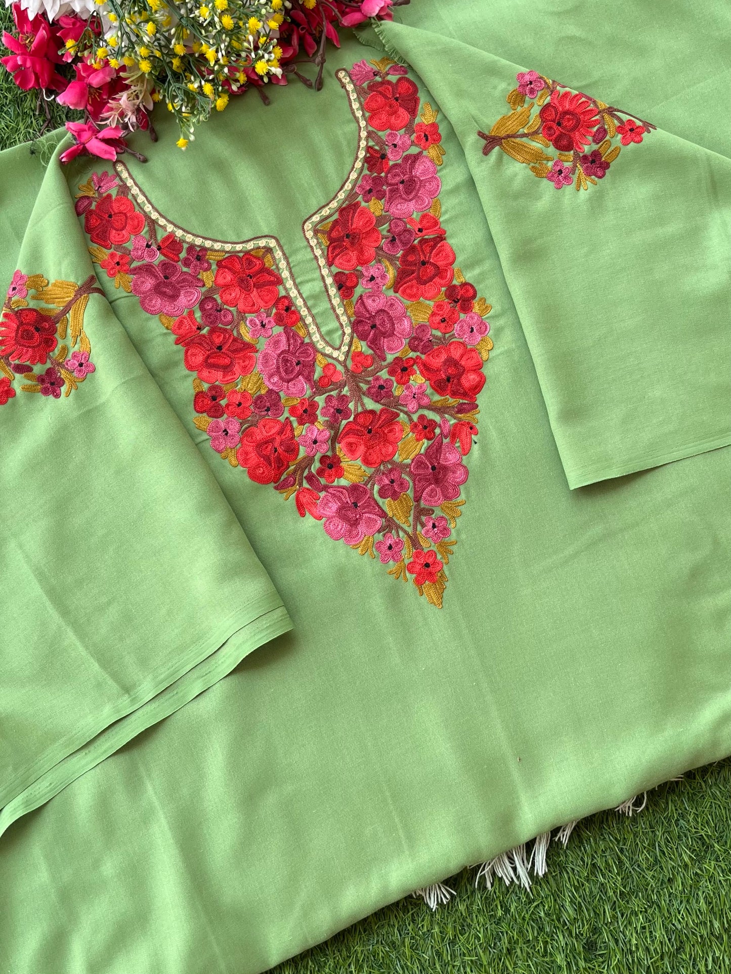 Pastel Green Aari Embroidered Cotton Suit Set
