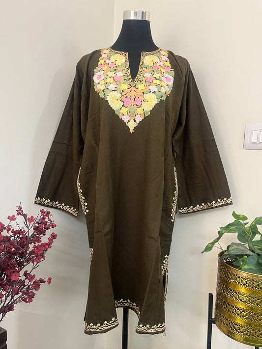 Army Green Aari Embroidered Wool Pheran