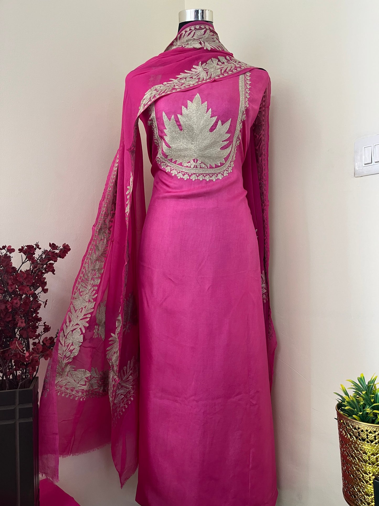 Sanam’ Fuchsia Pink Tilla Embroidered Suit material