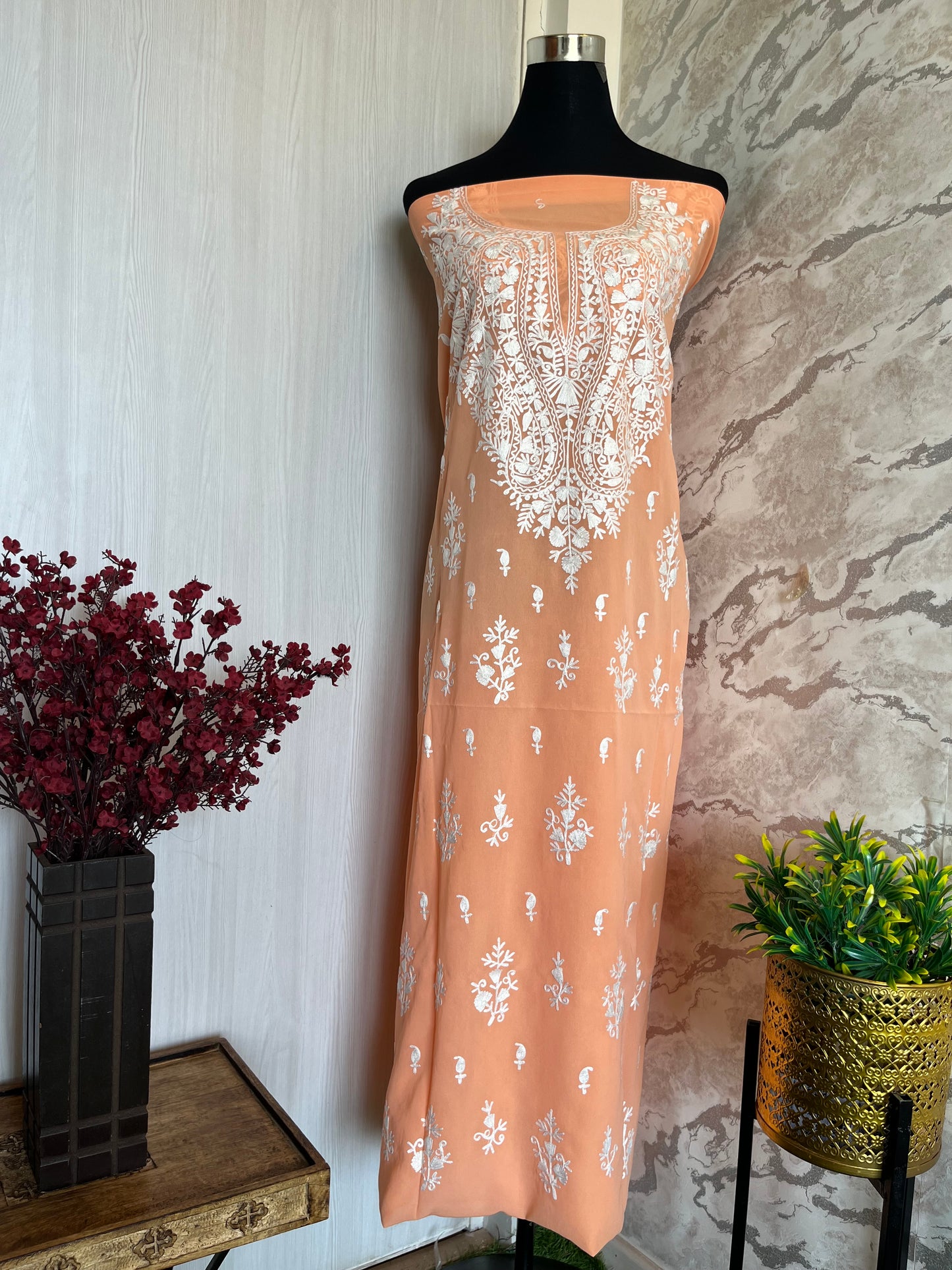 Georgette Light Orange All over Work Aari Embroidered Unstitched Kurta Material