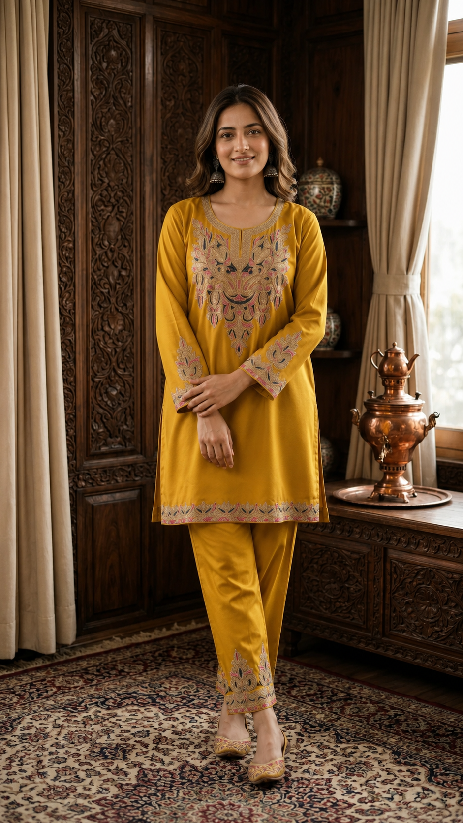 Golden Yellow Cotton Stitched Co-ord Set( 42)