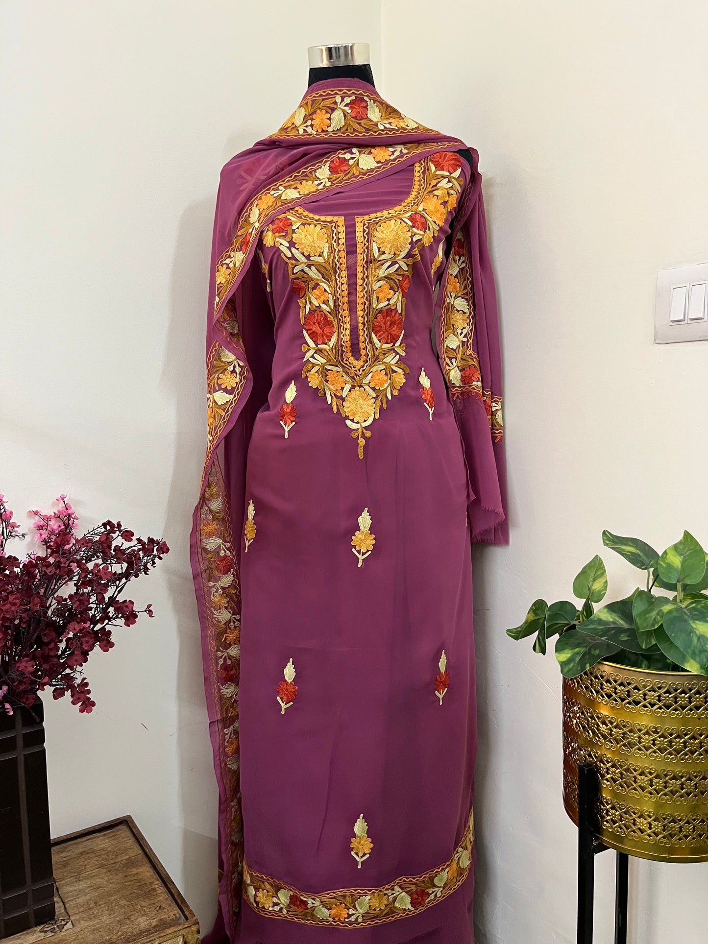 Mauve Georgette 3 Pc Aari Embroidered Suit Set