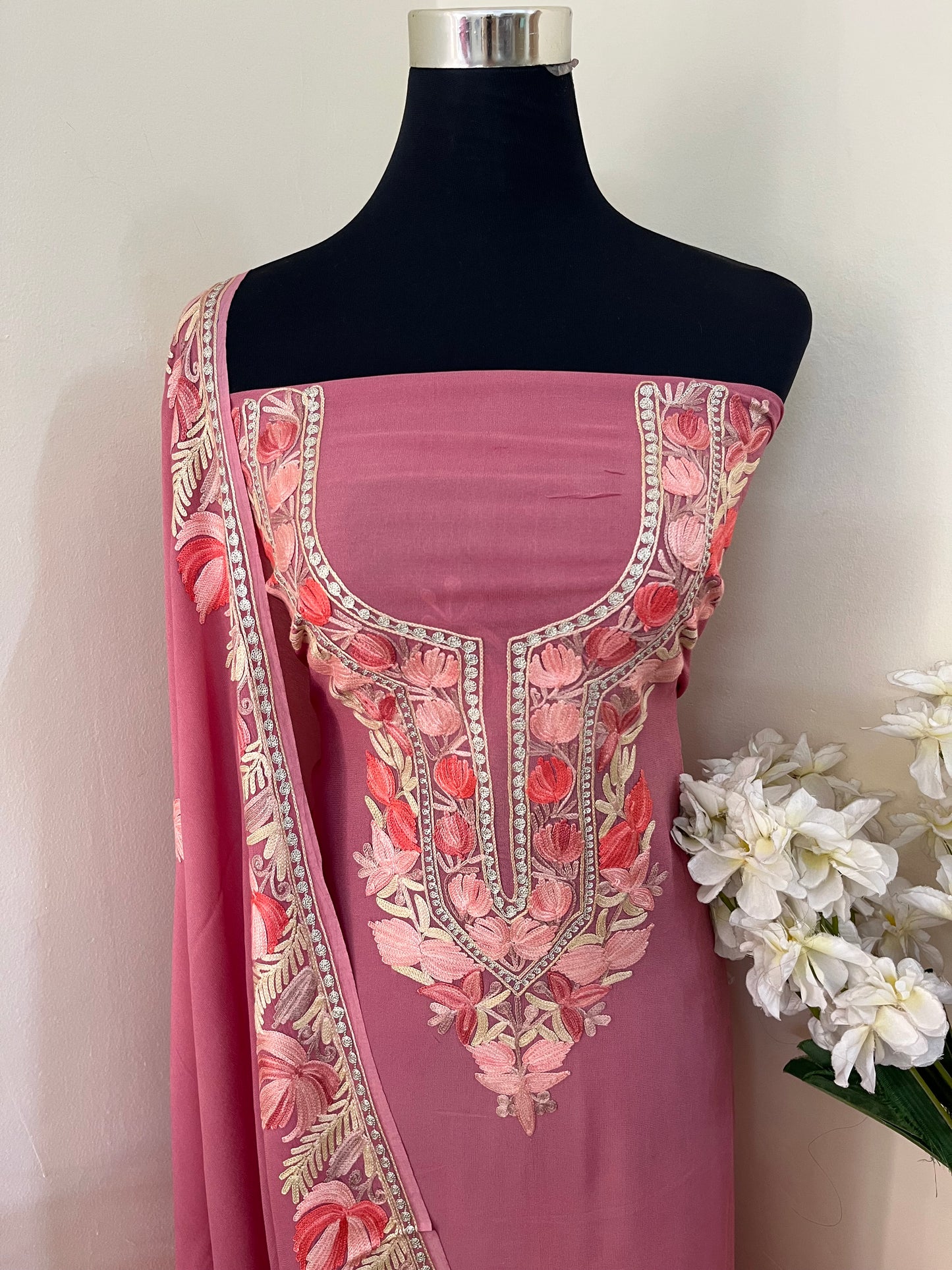 Onion Pink Pure Georgette Kashmiri Suit