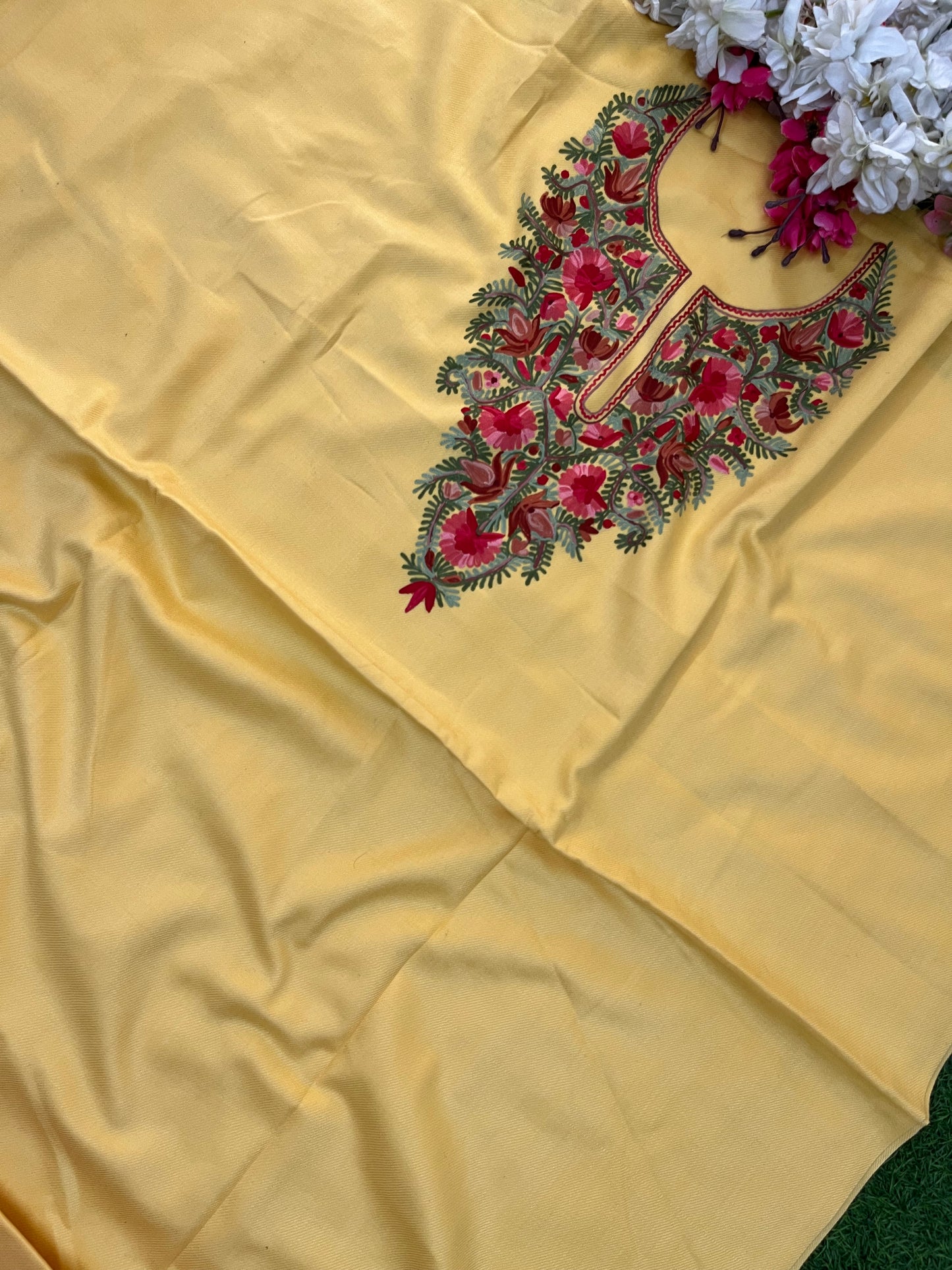 Yellow Woollen Aari Embroidered 2pc suit 5mtr