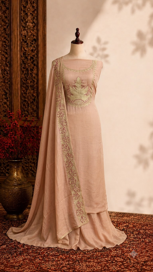 Peach Chinon 3 Pc Aari Embroidered Suit