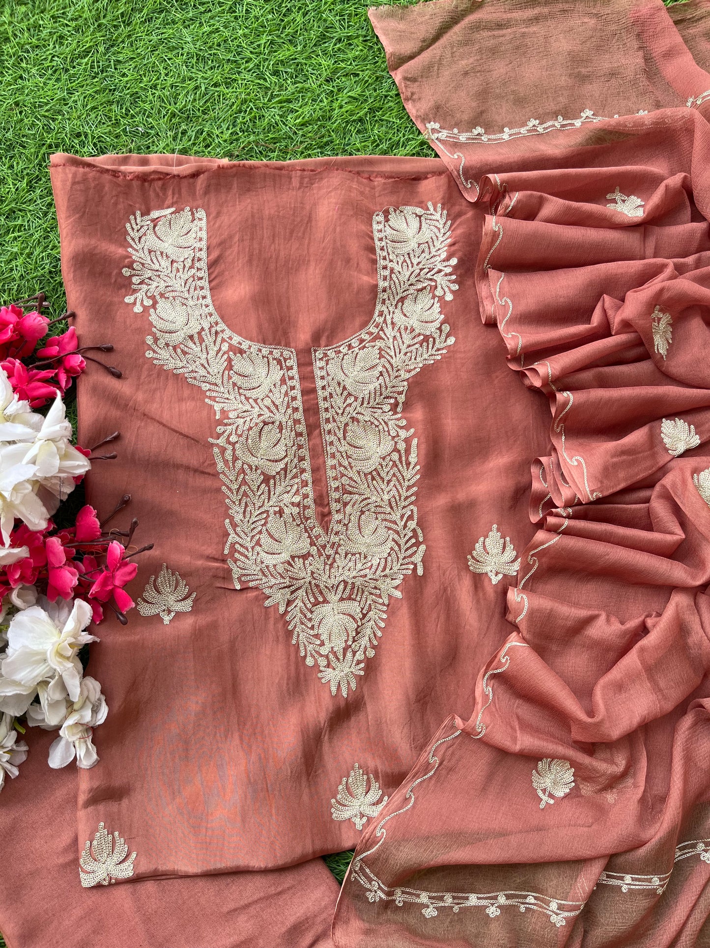 Dull Peach Silk Tilla Kashmiri Suit