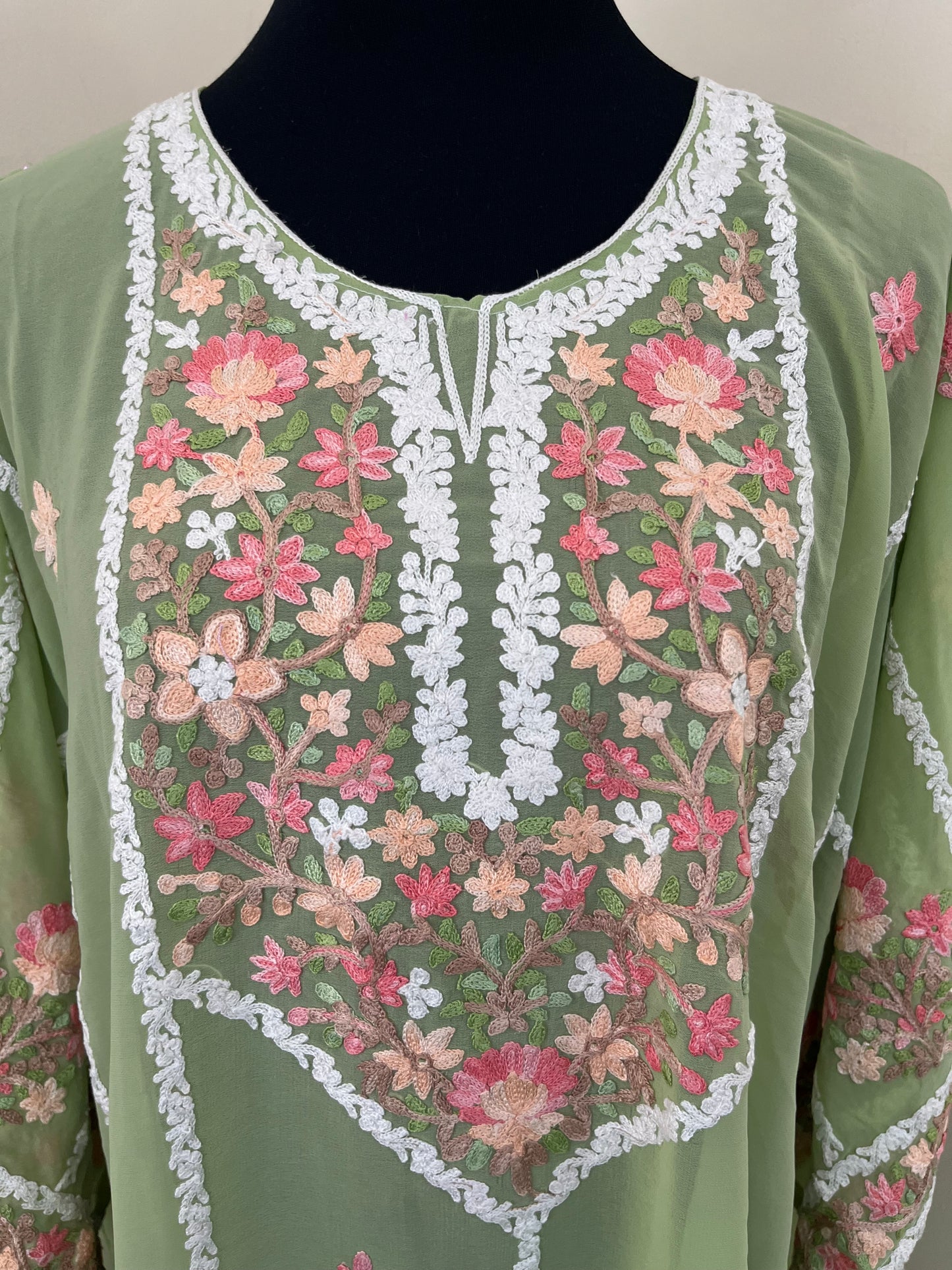 Tea Green Georgette All over Work Aari Embroidered Unstitched Kurta